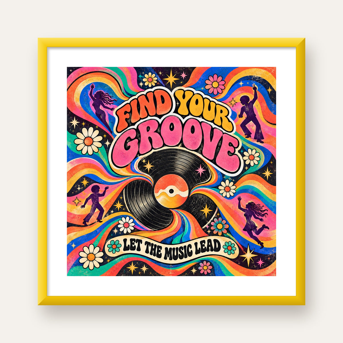 Retro Müzik ve Dans Temalı Psychedelic Poster Baskı — sarı çerçeveli paspartulu