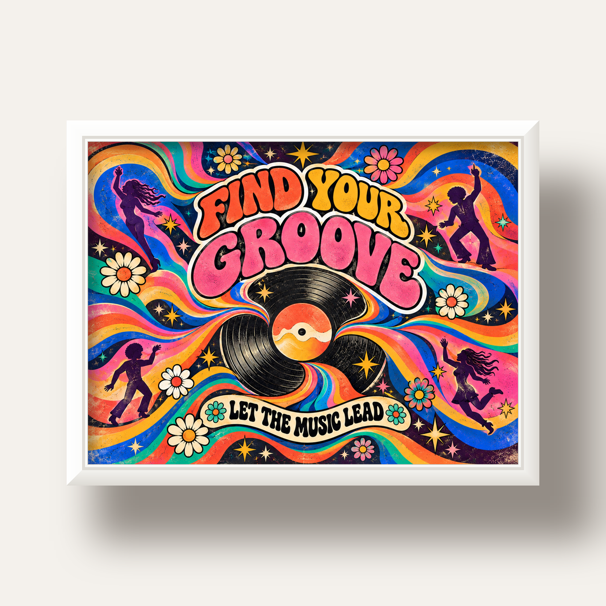 Retro Müzik ve Dans Temalı Psychedelic Poster Baskı — beyaz derin çerçeveli