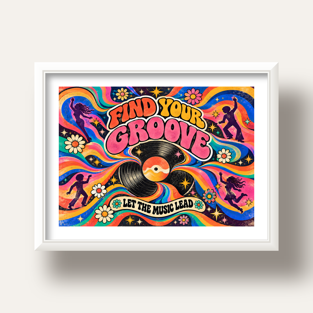 Retro Müzik ve Dans Temalı Psychedelic Poster Baskı — beyaz derin çerçeveli paspartulu