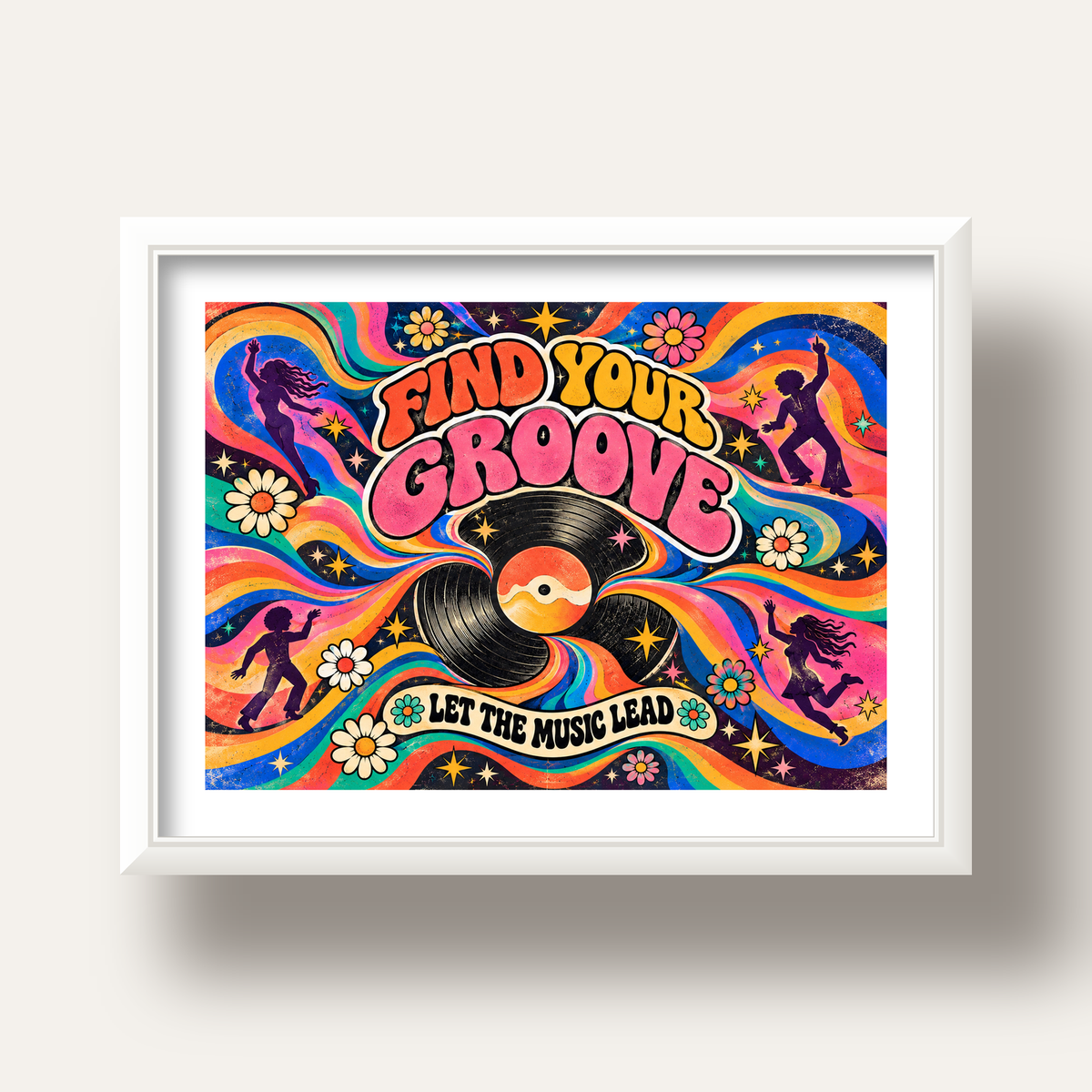 Retro Müzik ve Dans Temalı Psychedelic Poster Baskı — beyaz derin çerçeveli paspartulu