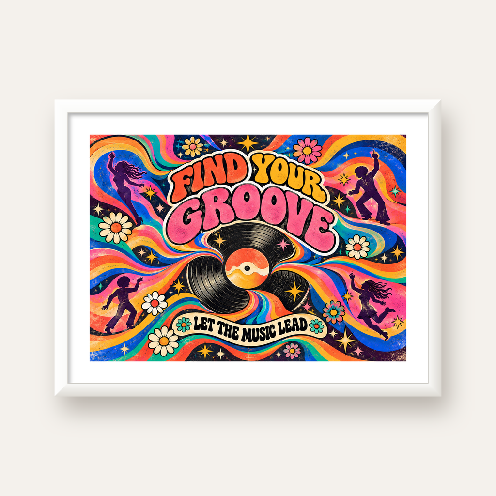 Retro Müzik ve Dans Temalı Psychedelic Poster Baskı — beyaz çerçeveli yatay poster