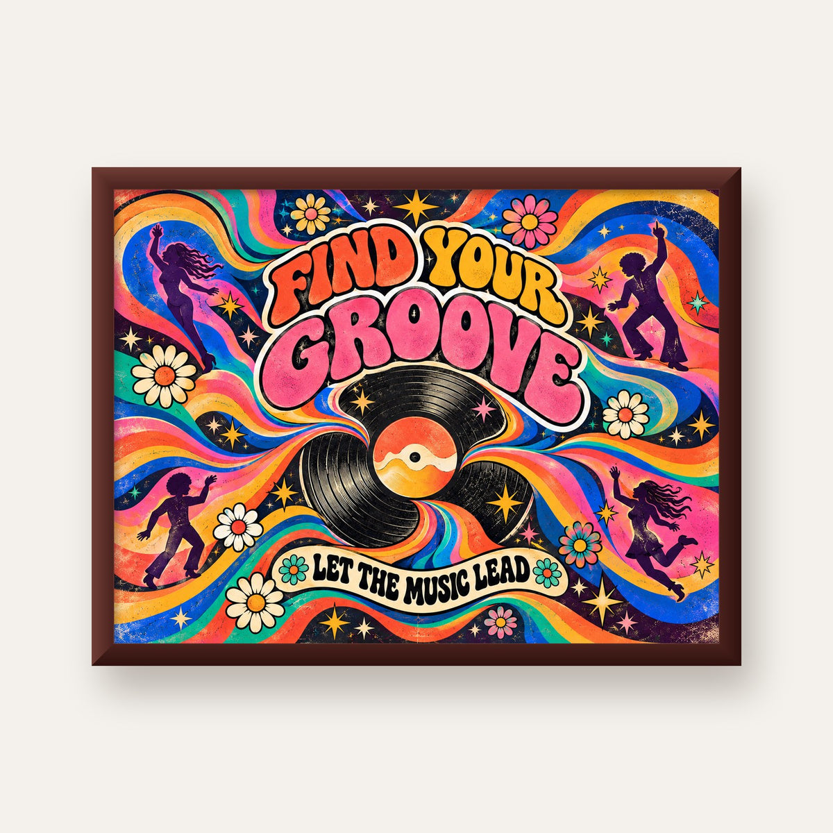 Retro Müzik ve Dans Temalı Psychedelic Poster Baskı — ceviz çerçeveli