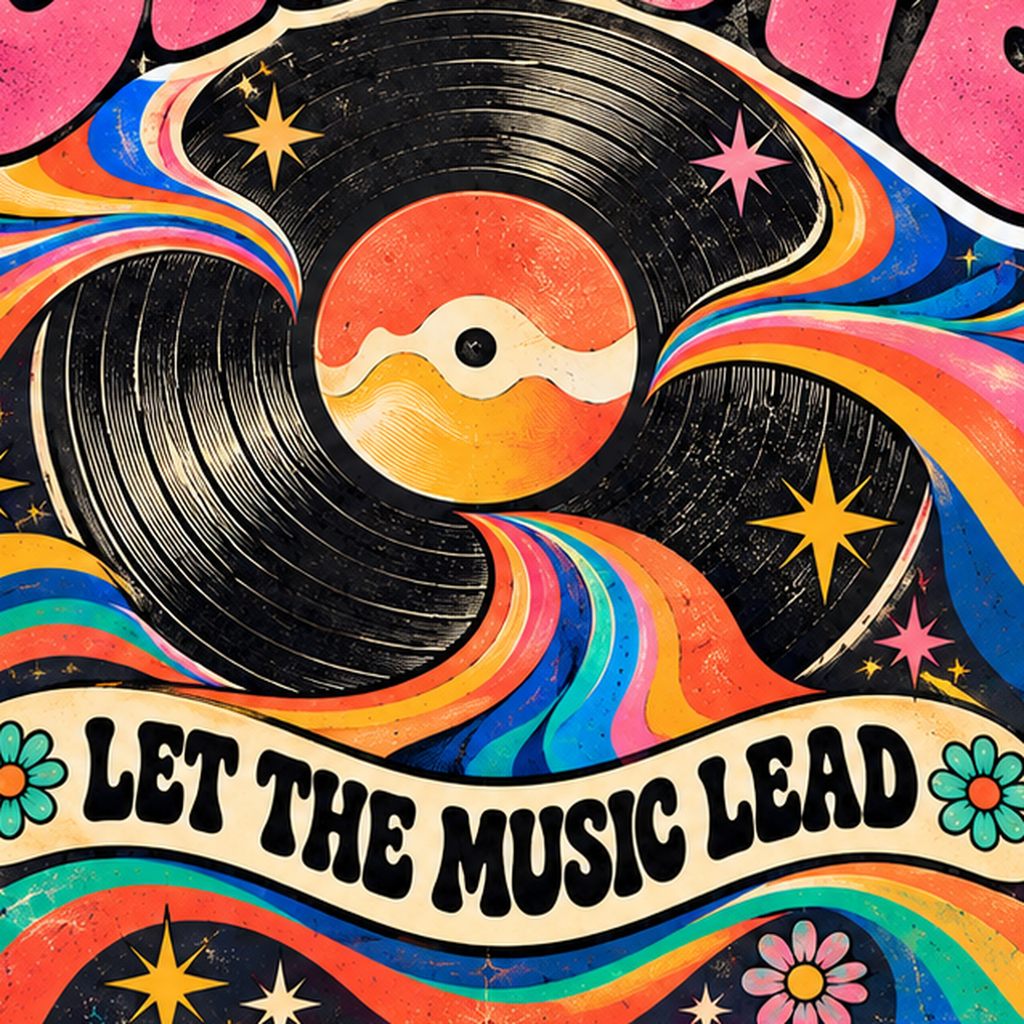 Retro Müzik ve Dans Temalı Psychedelic Poster Baskı — baskının yakın çekimi, kâğıt dokusu ve renk detayı