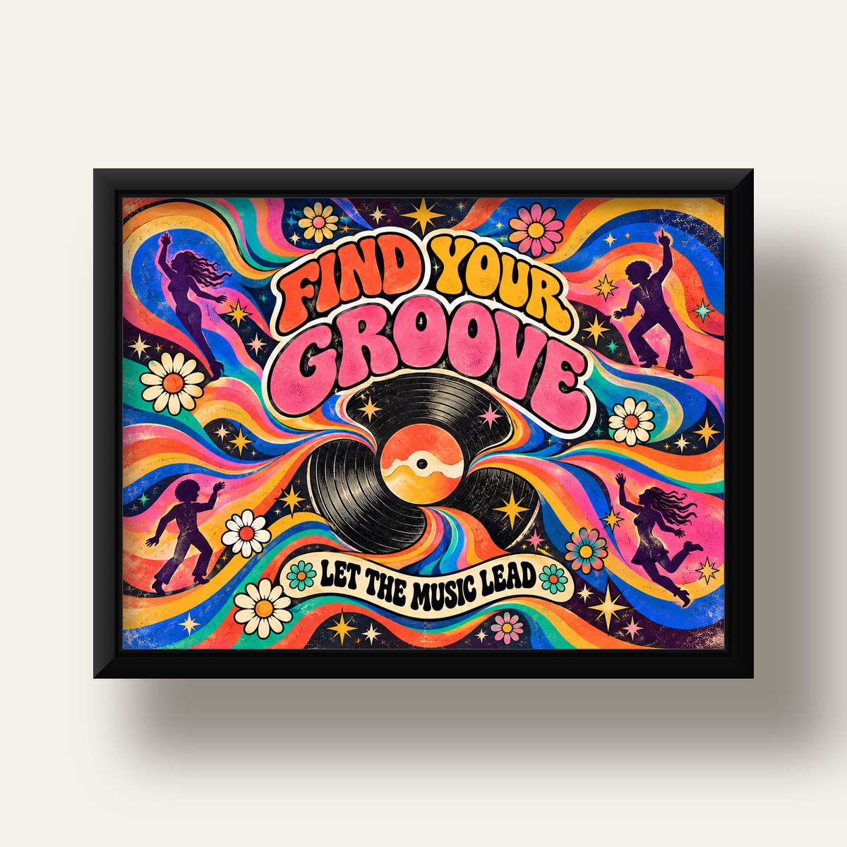 Retro Müzik ve Dans Temalı Psychedelic Poster Baskı — siyah derin çerçeveli