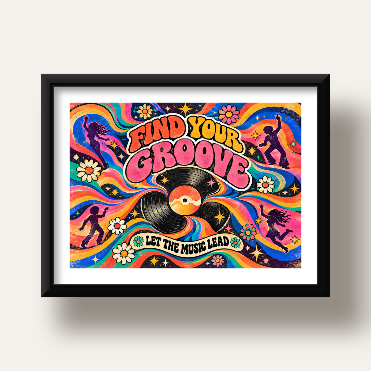 Retro Müzik ve Dans Temalı Psychedelic Poster Baskı — siyah derin çerçeveli paspartulu