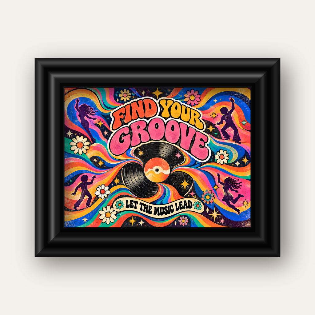 Retro Müzik ve Dans Temalı Psychedelic Poster Baskı — siyah galeri çerçeveli