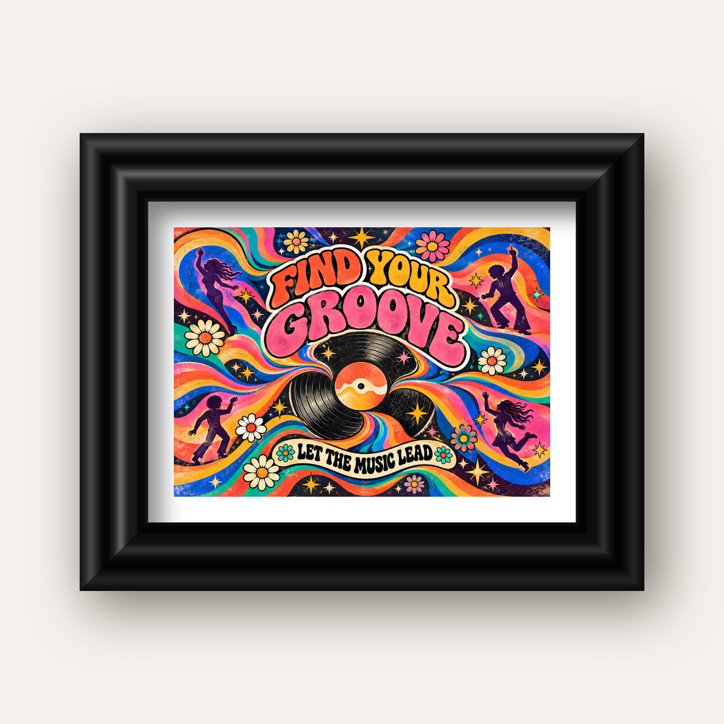Retro Müzik ve Dans Temalı Psychedelic Poster Baskı — siyah galeri çerçeveli paspartulu
