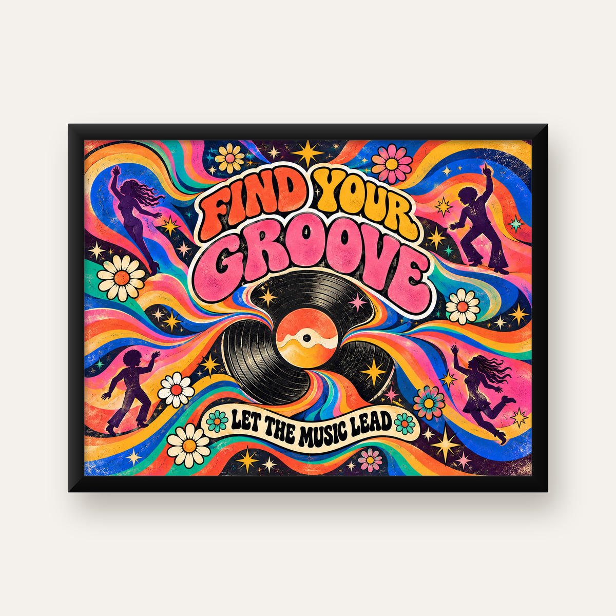 Retro Müzik ve Dans Temalı Psychedelic Poster Baskı — Yatay baskı, düz siyah çerçeveli duvar posteri