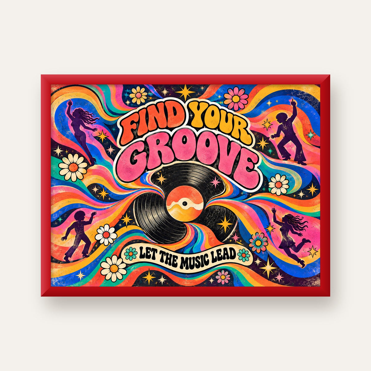 Retro Müzik ve Dans Temalı Psychedelic Poster Baskı — kırmızı çerçeveli