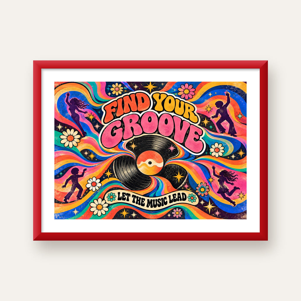 Retro Müzik ve Dans Temalı Psychedelic Poster Baskı — kırmızı çerçeveli paspartulu