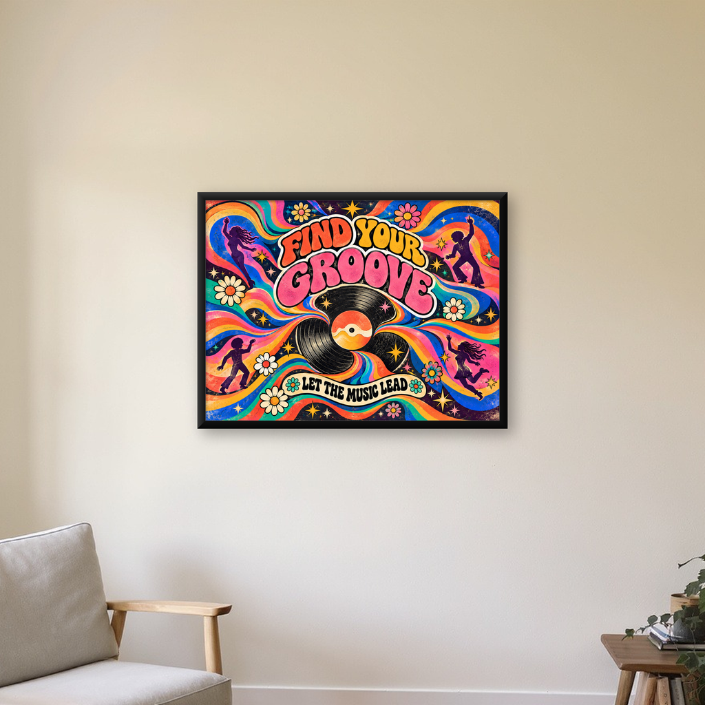 Retro Müzik ve Dans Temalı Psychedelic Poster Baskı — Yatay baskı, çerçeveli hâliyle bir ev duvarında