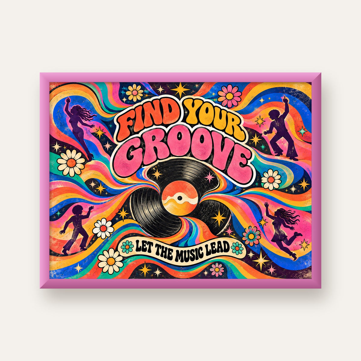 Retro Müzik ve Dans Temalı Psychedelic Poster Baskı — pembe çerçeveli