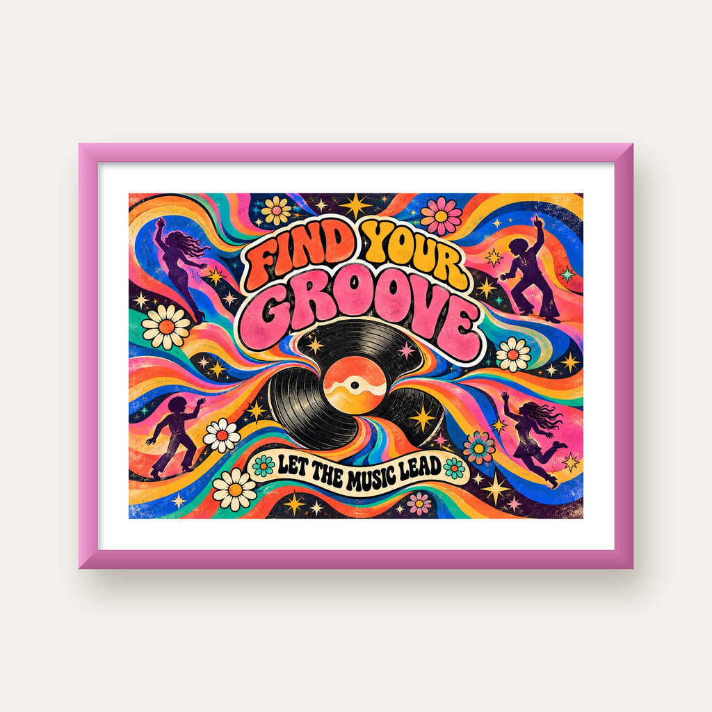 Retro Müzik ve Dans Temalı Psychedelic Poster Baskı — pembe çerçeveli paspartulu