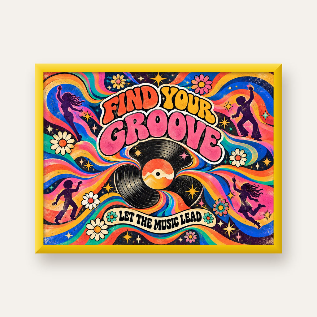 Retro Müzik ve Dans Temalı Psychedelic Poster Baskı — sarı çerçeveli