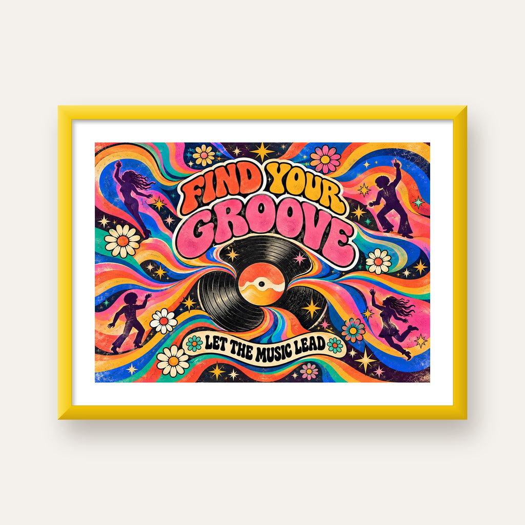 Retro Müzik ve Dans Temalı Psychedelic Poster Baskı — sarı çerçeveli paspartulu