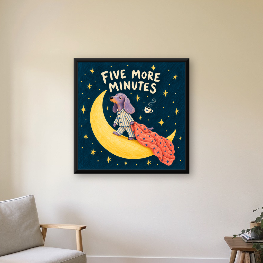 Uykulu Köpek ve Ay İllüstratif Masalsı Poster — Kare baskı, çerçeveli hâliyle bir ev duvarında