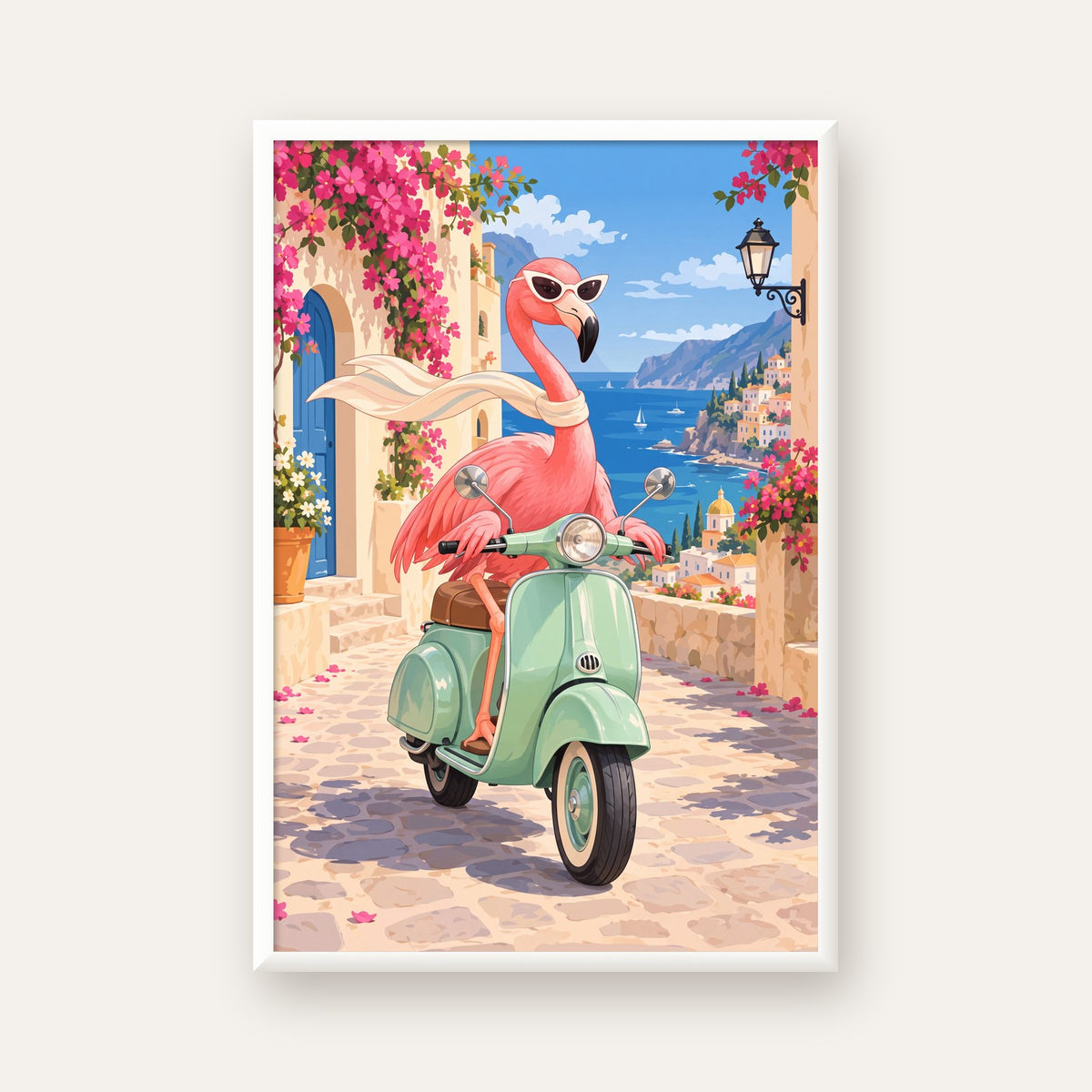 Flamingolu Akdeniz Sahil Kasabası Retro Poster — beyaz çerçeveli dikey poster