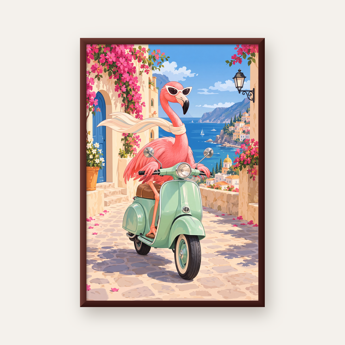 Flamingolu Akdeniz Sahil Kasabası Retro Poster — ceviz çerçeveli