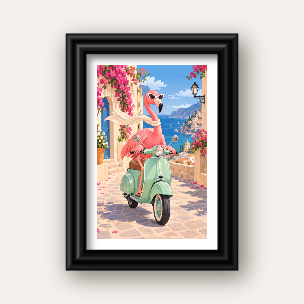 Flamingolu Akdeniz Sahil Kasabası Retro Poster — siyah galeri çerçeveli paspartulu