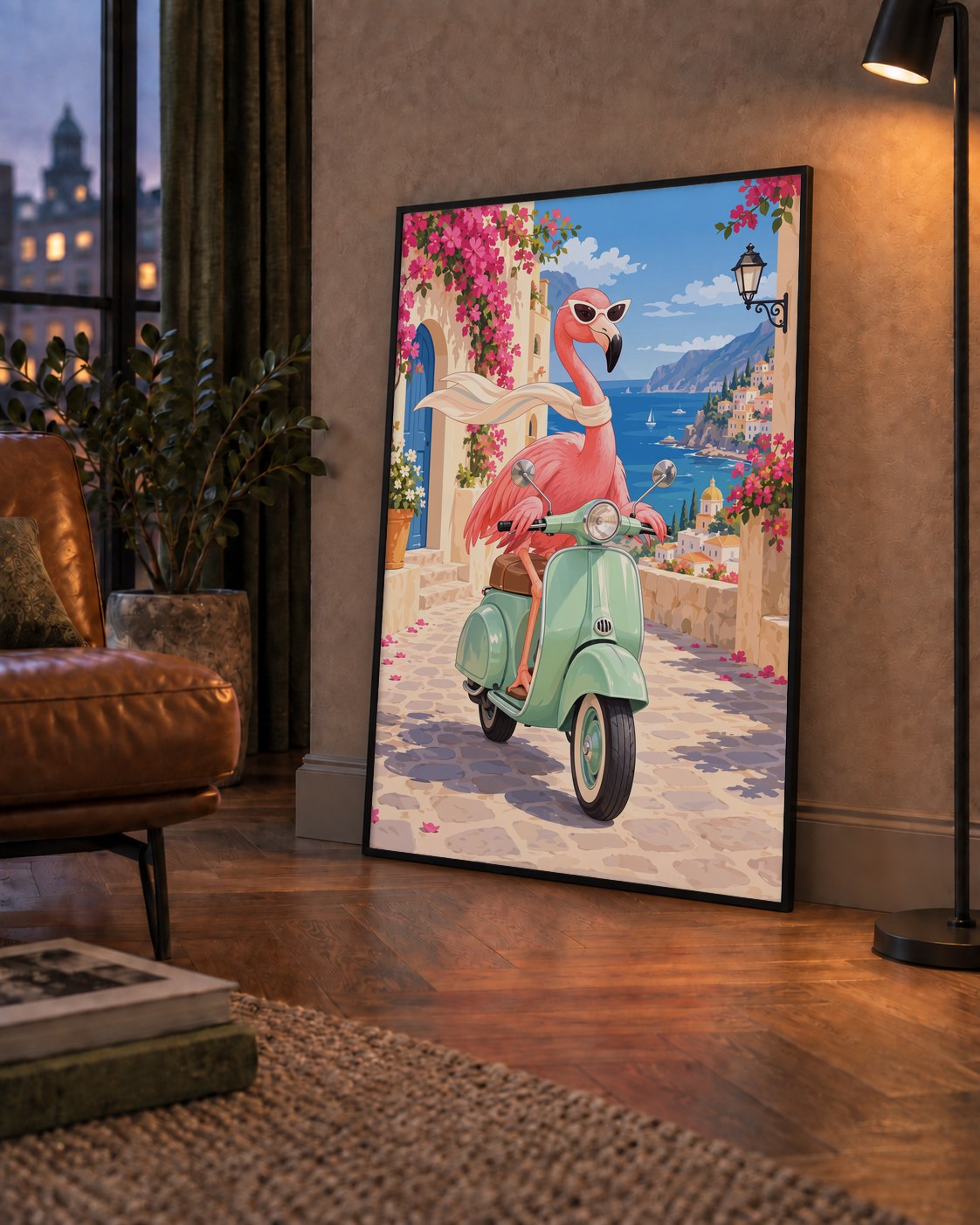 Flamingolu Akdeniz Sahil Kasabası Retro Poster — çerçeveli hâliyle bir ev duvarında