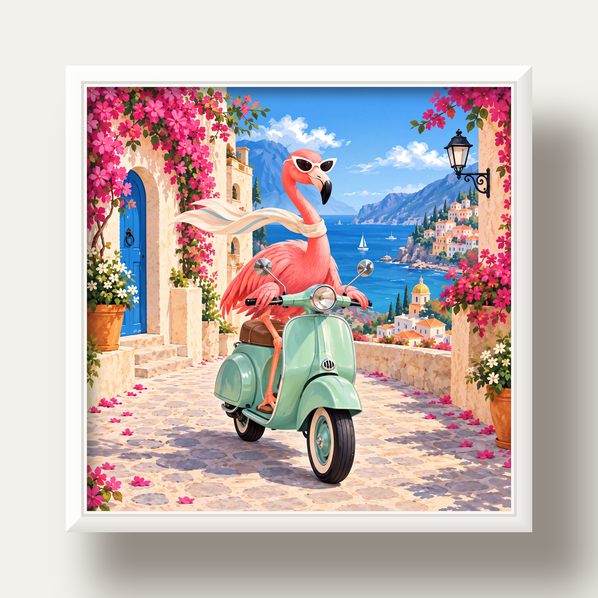 Flamingolu Akdeniz Sahil Kasabası Retro Poster — beyaz derin çerçeveli