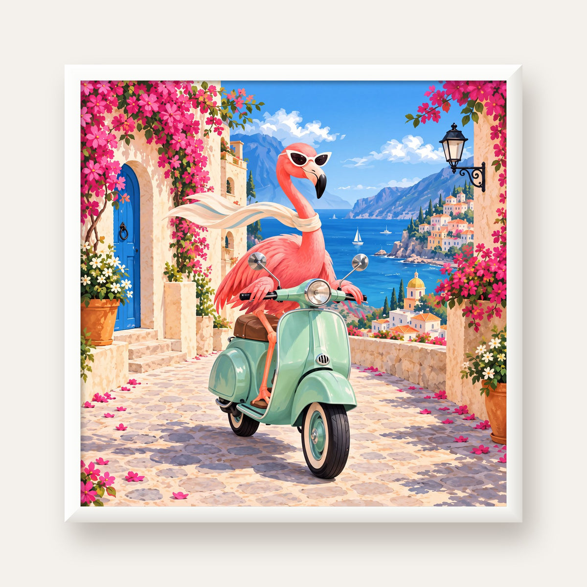 Flamingolu Akdeniz Sahil Kasabası Retro Poster — beyaz çerçeveli kare poster