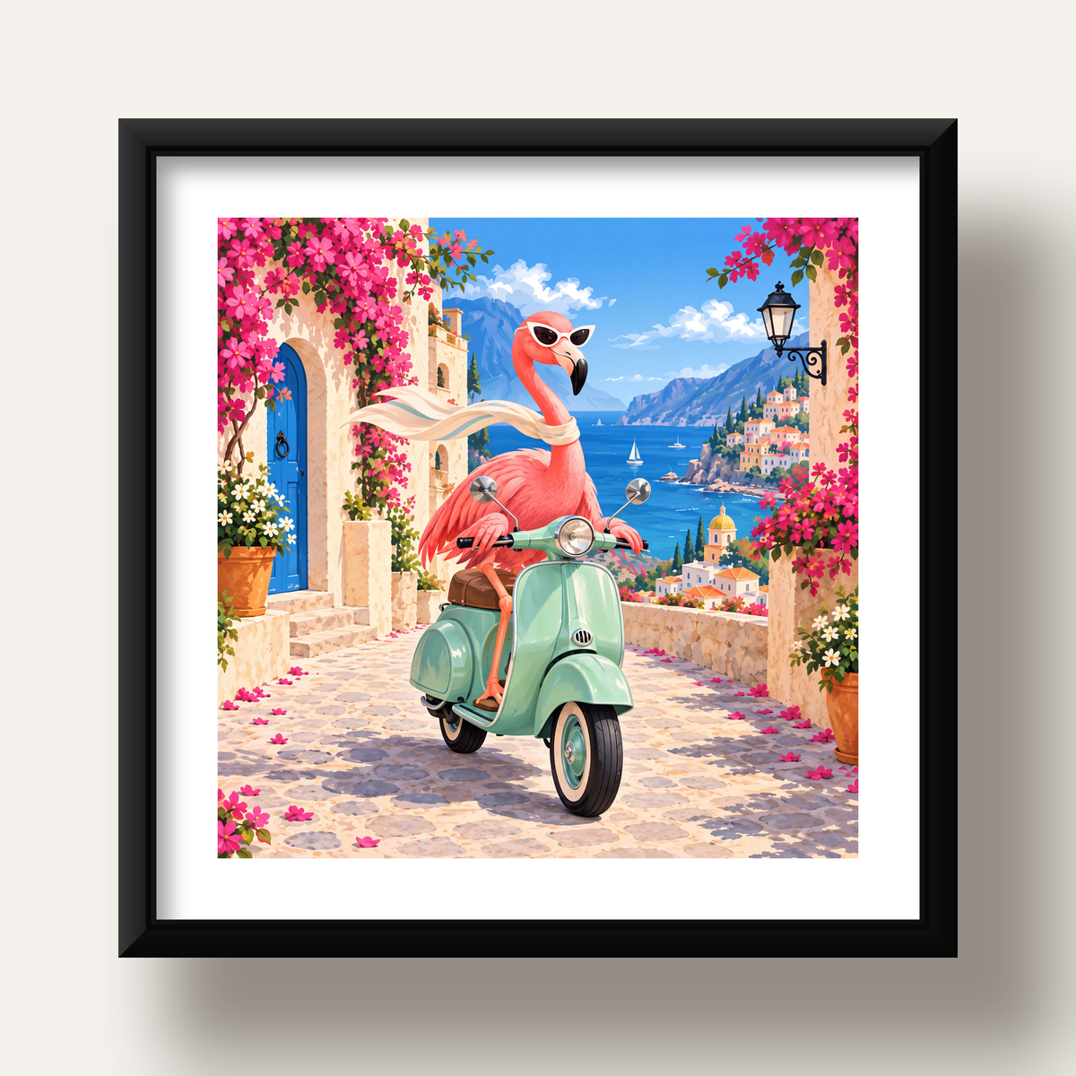 Flamingolu Akdeniz Sahil Kasabası Retro Poster — siyah derin çerçeveli paspartulu