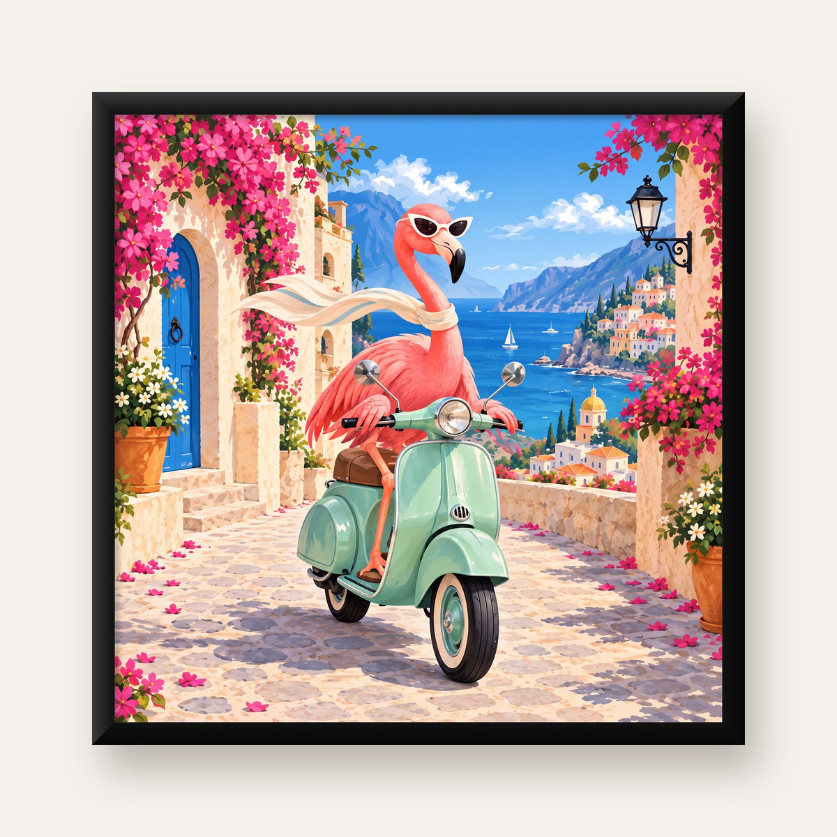 Flamingolu Akdeniz Sahil Kasabası Retro Poster — Kare baskı, düz siyah çerçeveli duvar posteri