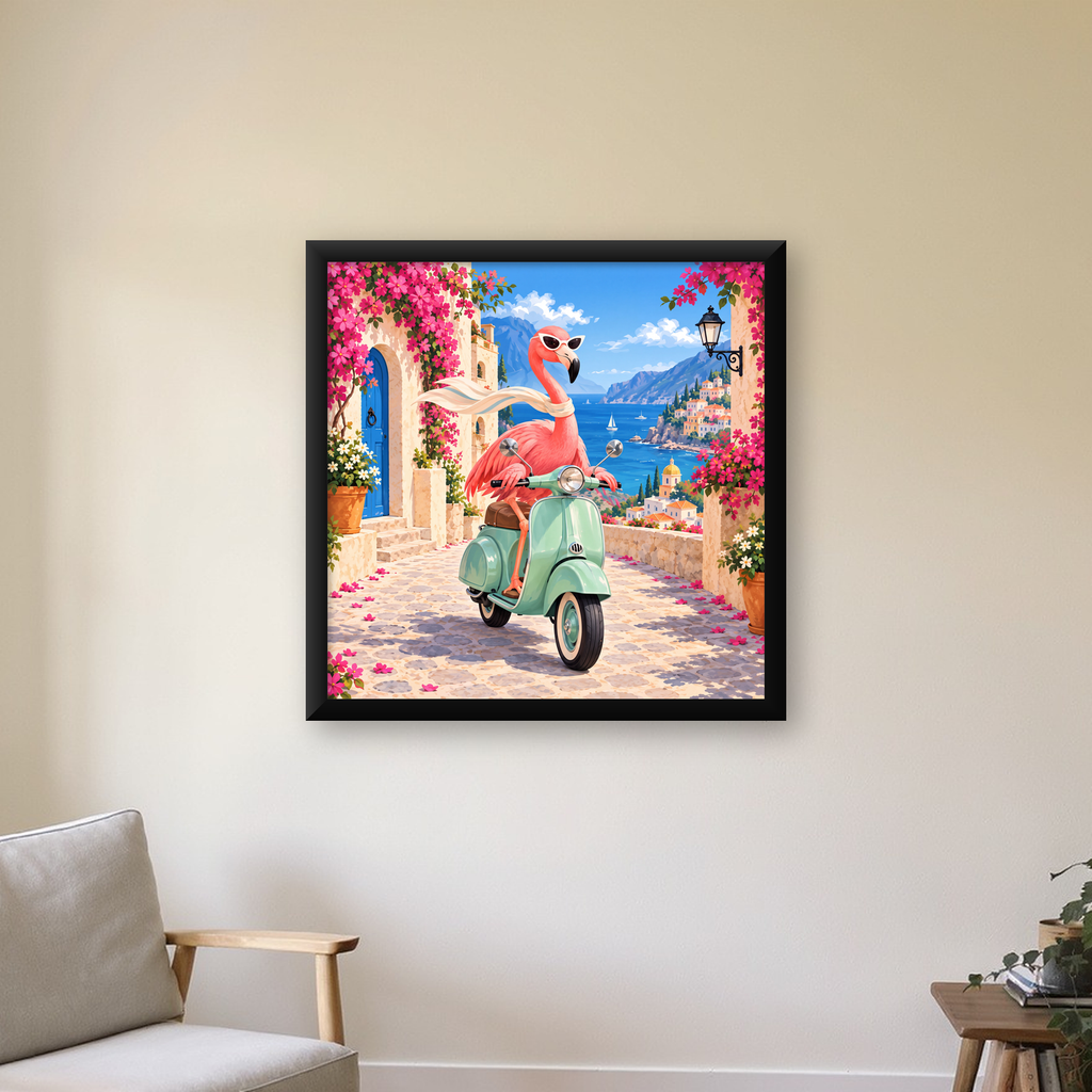 Flamingolu Akdeniz Sahil Kasabası Retro Poster — Kare baskı, çerçeveli hâliyle bir ev duvarında