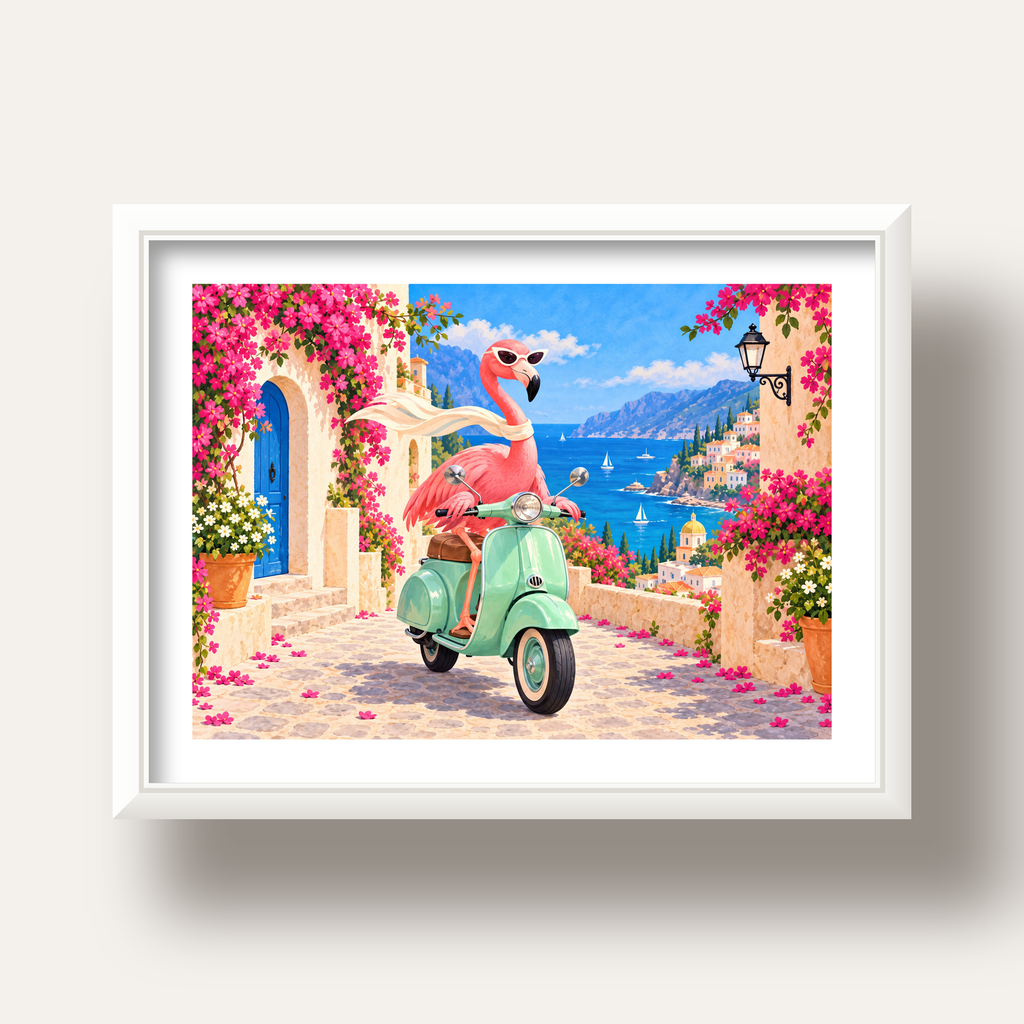 Flamingolu Akdeniz Sahil Kasabası Retro Poster — beyaz derin çerçeveli paspartulu