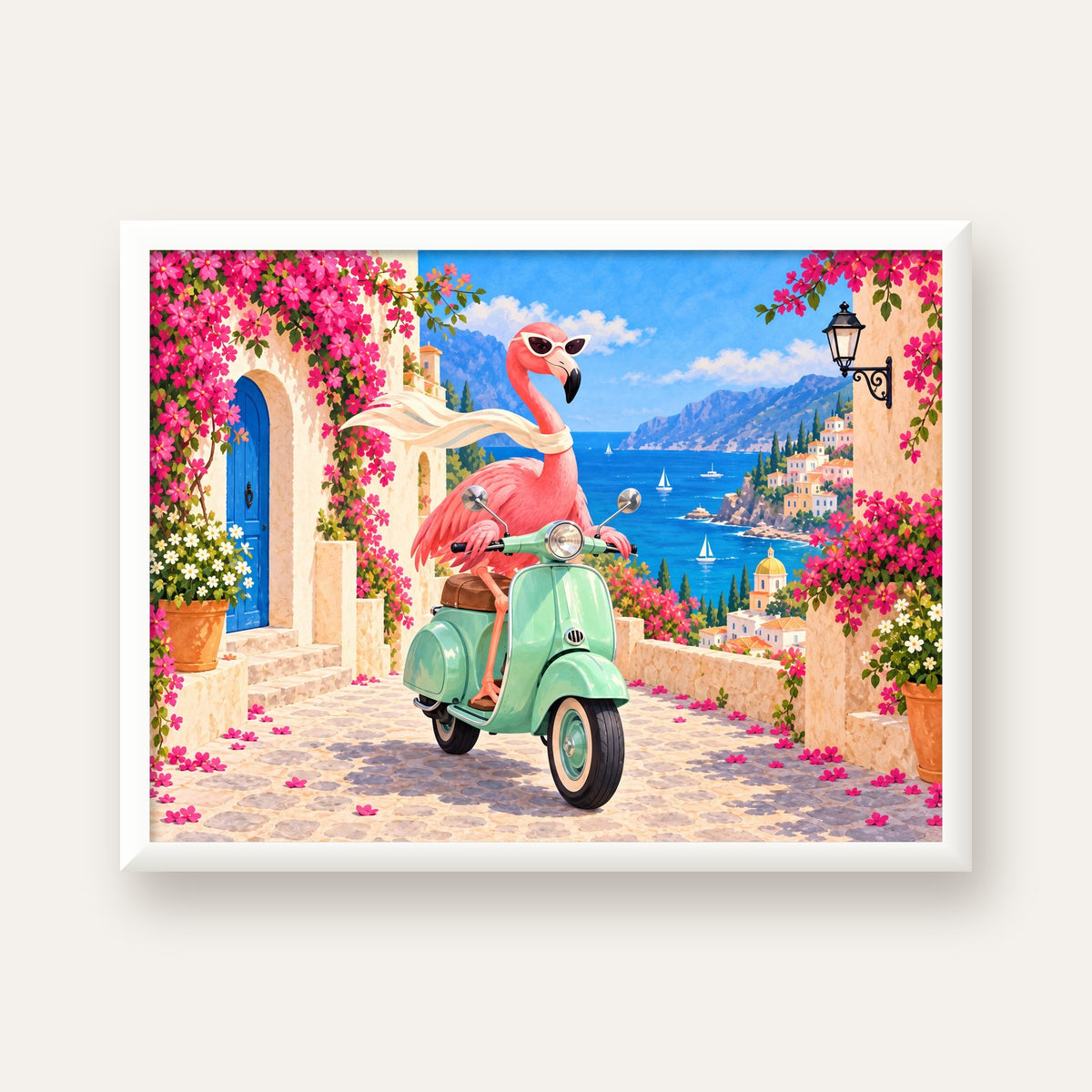 Flamingolu Akdeniz Sahil Kasabası Retro Poster — beyaz çerçeveli yatay poster