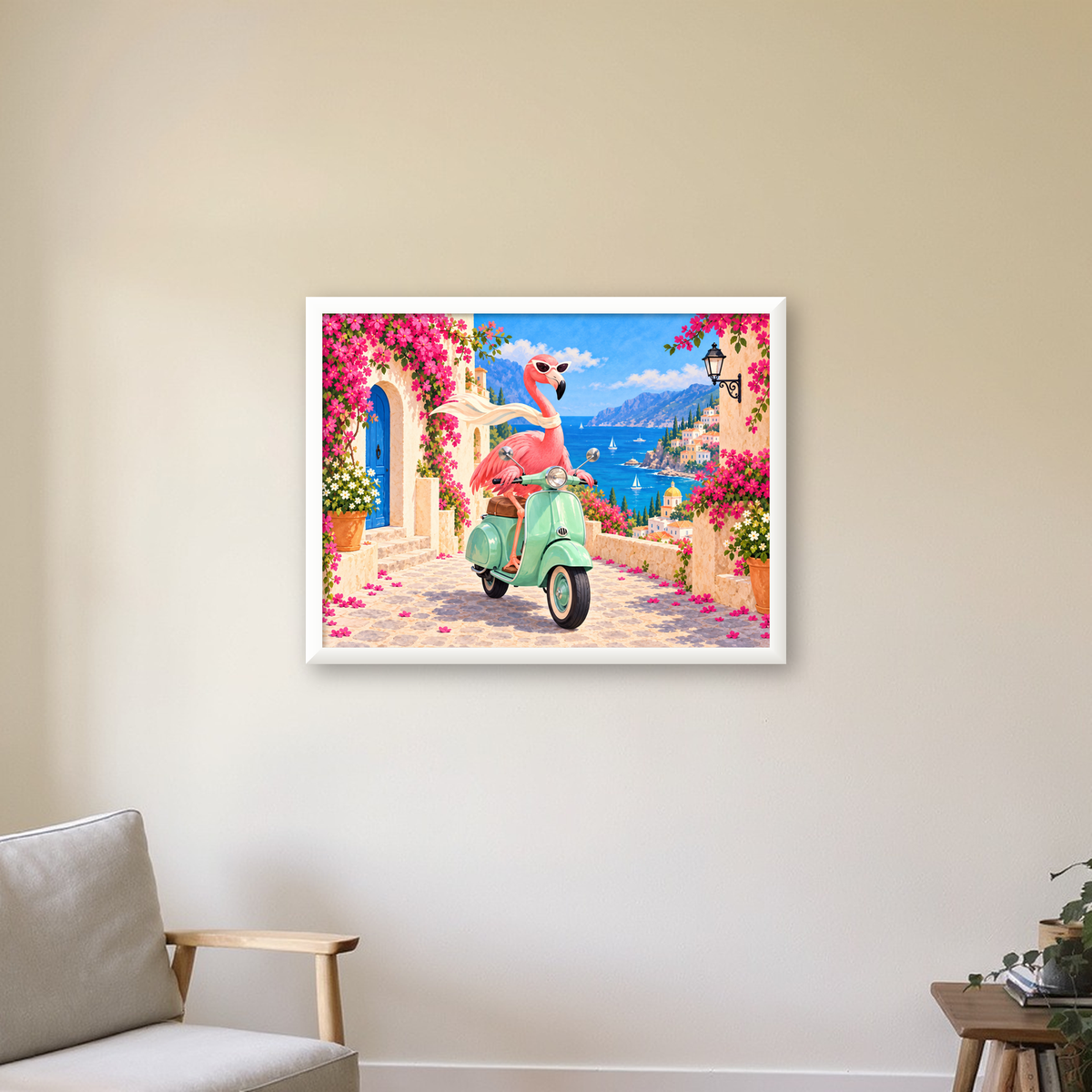 Flamingolu Akdeniz Sahil Kasabası Retro Poster — beyaz çerçeveli yatay poster