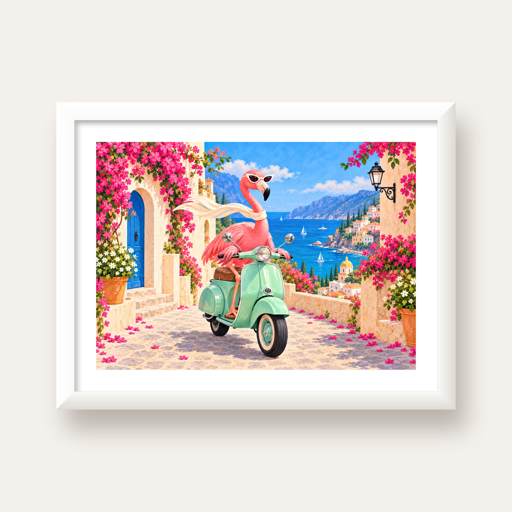 Flamingolu Akdeniz Sahil Kasabası Retro Poster — beyaz çerçeveli yatay poster