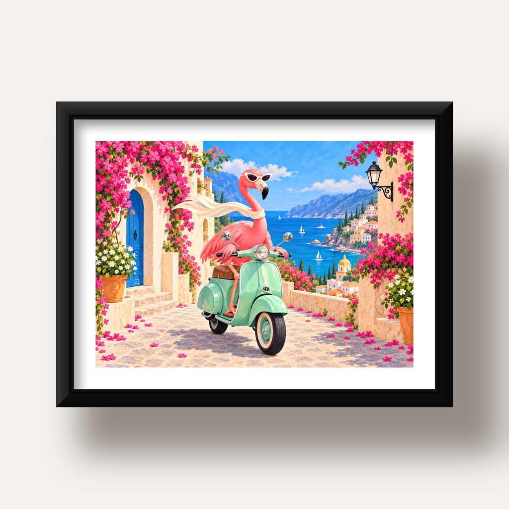 Flamingolu Akdeniz Sahil Kasabası Retro Poster — siyah derin çerçeveli paspartulu