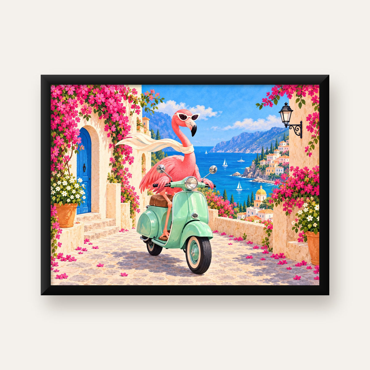 Flamingolu Akdeniz Sahil Kasabası Retro Poster — Yatay baskı, düz siyah çerçeveli duvar posteri