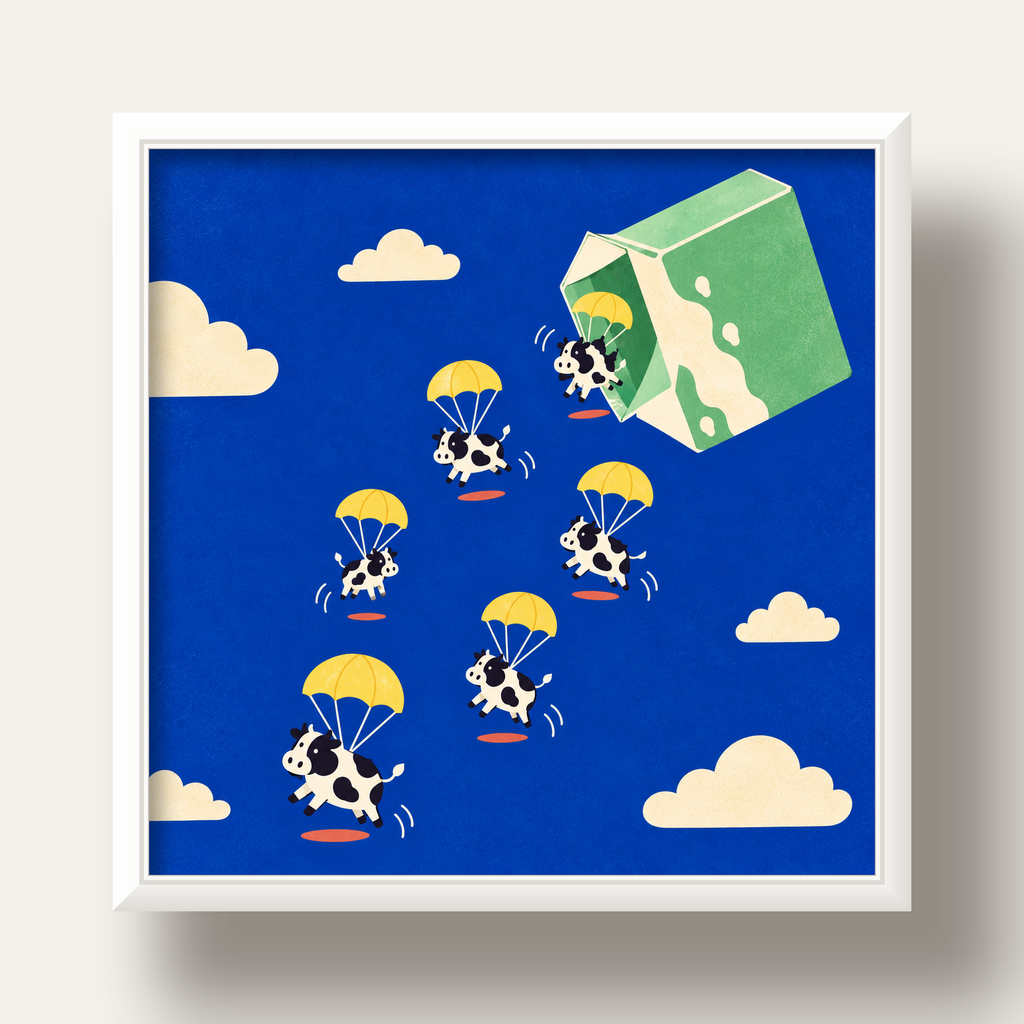 Flying Cows Eğlenceli İnek Posteri — beyaz derin çerçeveli