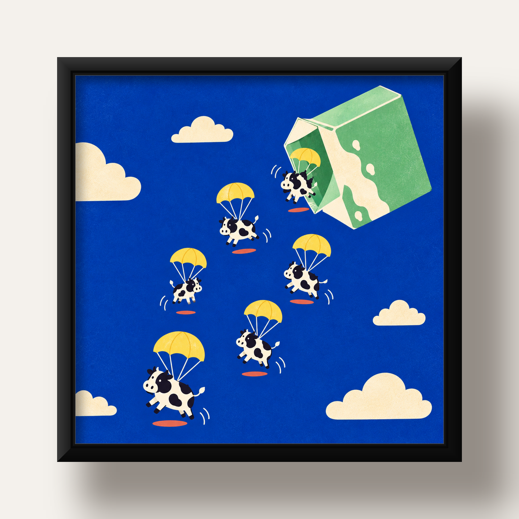 Flying Cows Eğlenceli İnek Posteri — siyah derin çerçeveli