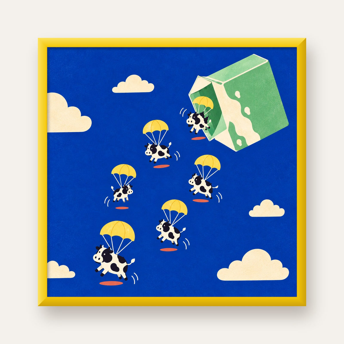 Flying Cows Eğlenceli İnek Posteri — sarı çerçeveli