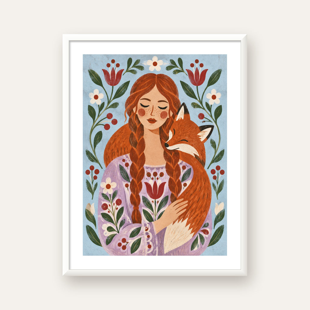 Kız ve Tilki Dijital Poster – Modern Halk Sanatı İllüstrasyonu — beyaz çerçeveli dikey poster