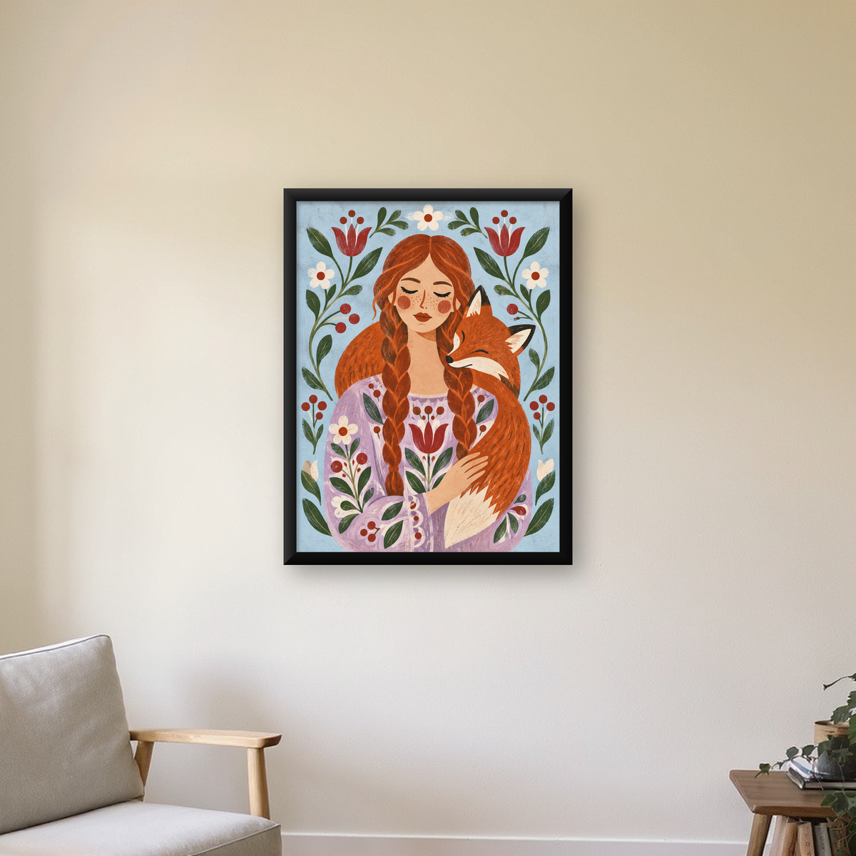 Kız ve Tilki Dijital Poster – Modern Halk Sanatı İllüstrasyonu — Dikey baskı, çerçeveli hâliyle bir ev duvarında
