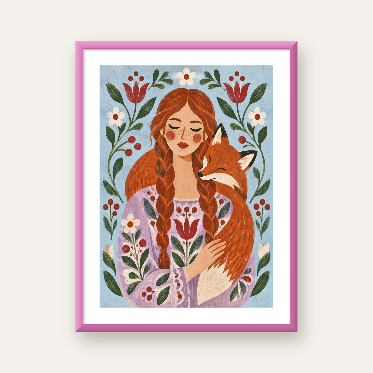 Kız ve Tilki Dijital Poster – Modern Halk Sanatı İllüstrasyonu — pembe çerçeveli paspartulu