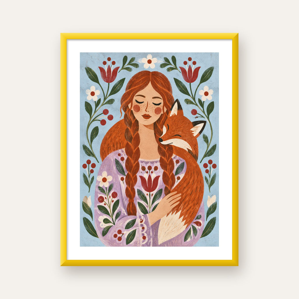 Kız ve Tilki Dijital Poster – Modern Halk Sanatı İllüstrasyonu — sarı çerçeveli paspartulu