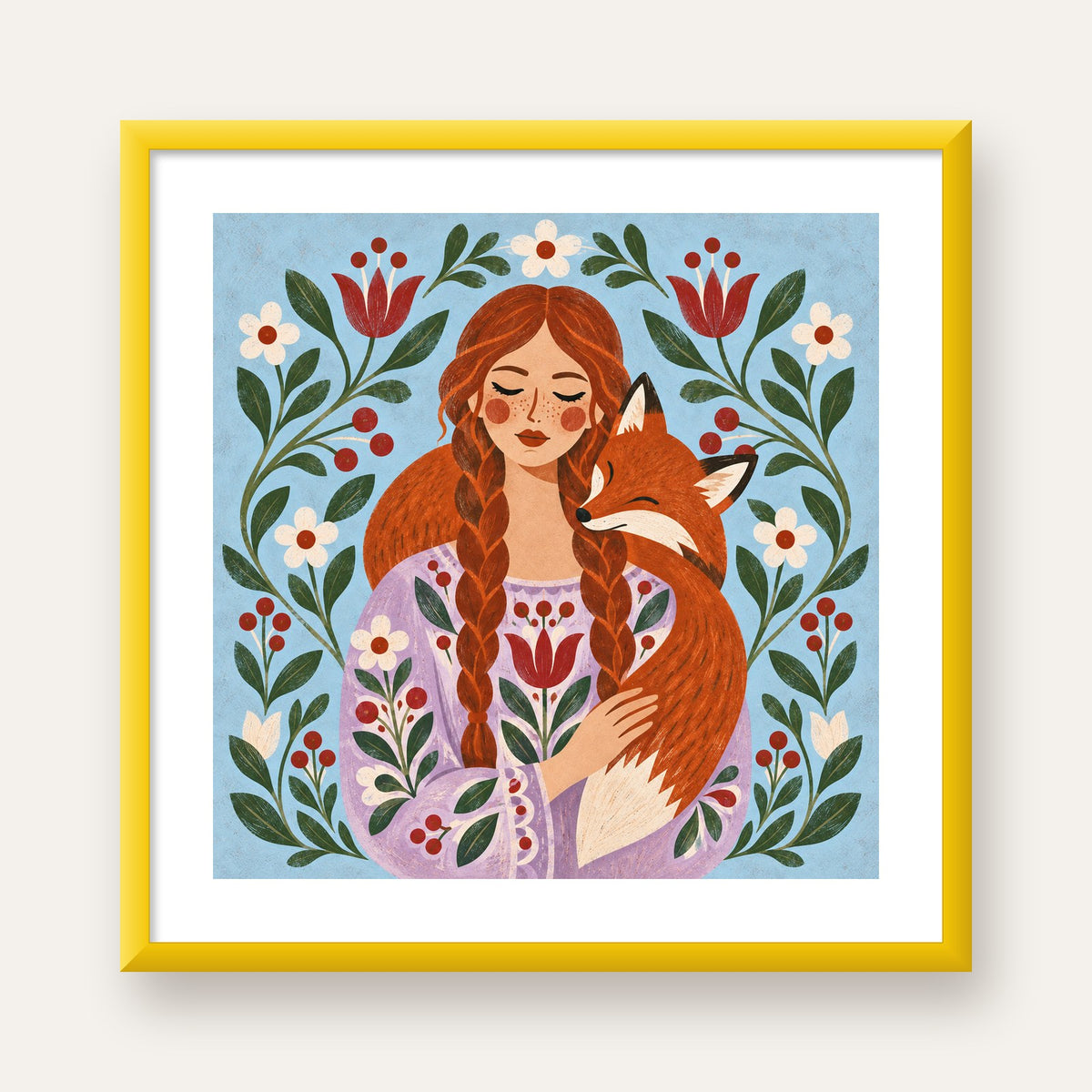 Kız ve Tilki Dijital Poster – Modern Halk Sanatı İllüstrasyonu — sarı çerçeveli paspartulu