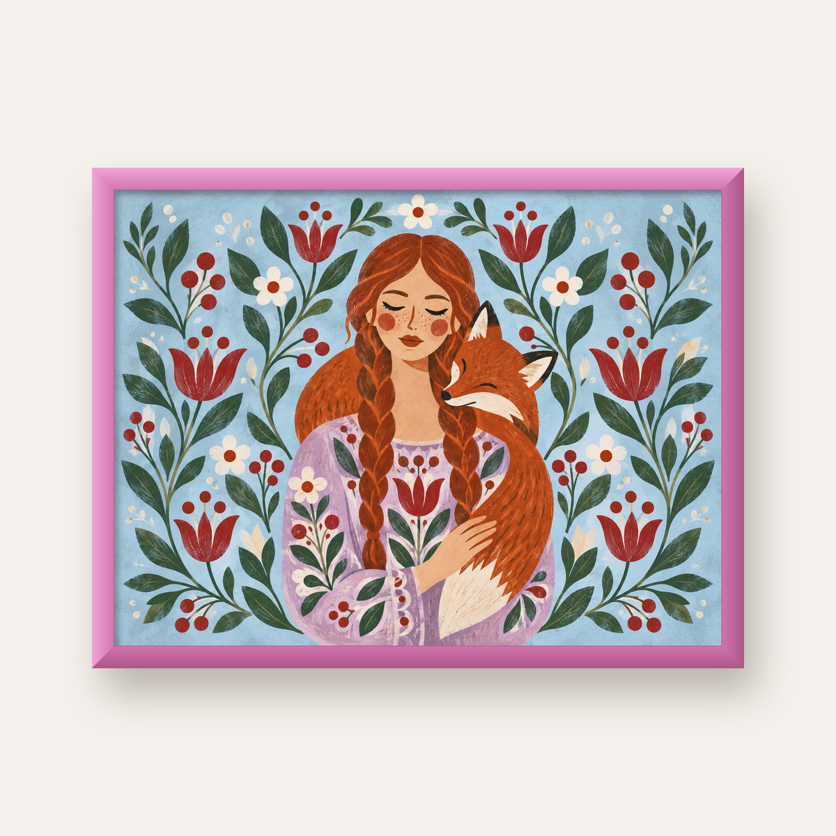 Kız ve Tilki Dijital Poster – Modern Halk Sanatı İllüstrasyonu — pembe çerçeveli