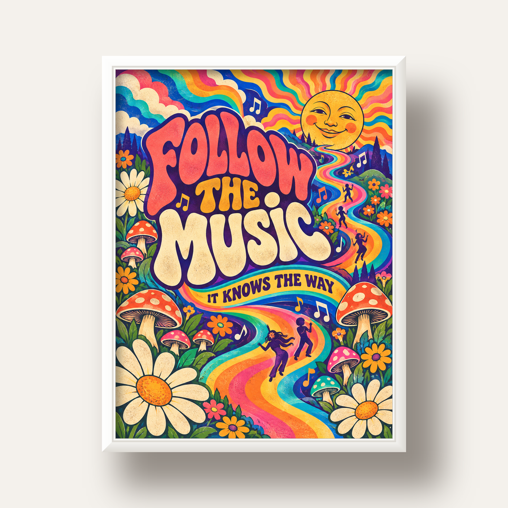 Psikedelik Müzik ve Doğa Temalı Renkli Poster – Dijital İllüstrasyon — beyaz derin çerçeveli