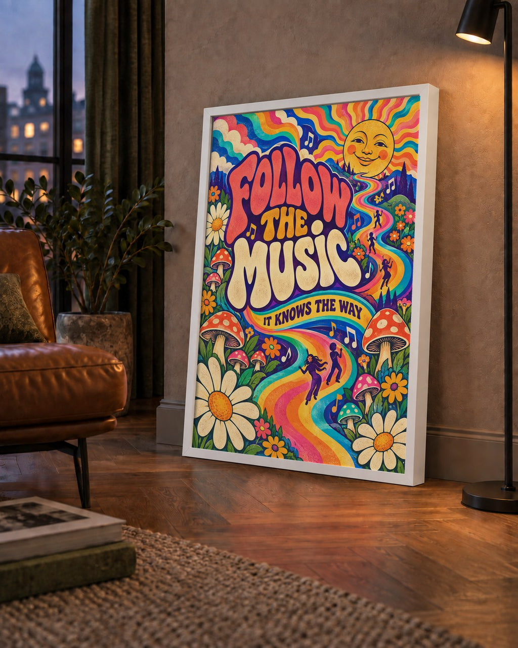 Psikedelik Müzik ve Doğa Temalı Renkli Poster – Dijital İllüstrasyon — çerçeveli hâliyle bir ev duvarında