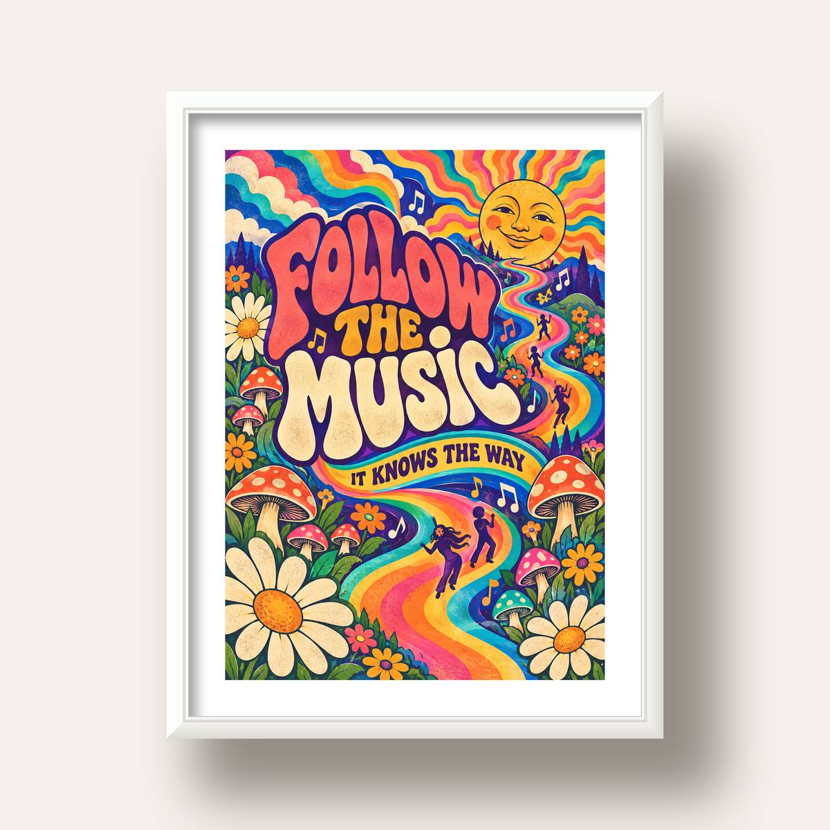 Psikedelik Müzik ve Doğa Temalı Renkli Poster – Dijital İllüstrasyon — beyaz derin çerçeveli paspartulu
