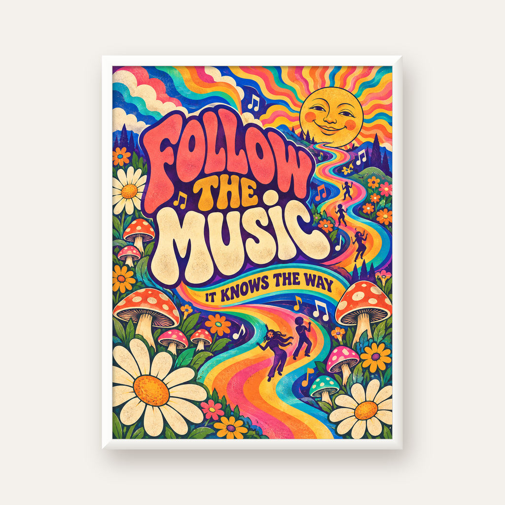 Psikedelik Müzik ve Doğa Temalı Renkli Poster – Dijital İllüstrasyon — beyaz çerçeveli dikey poster