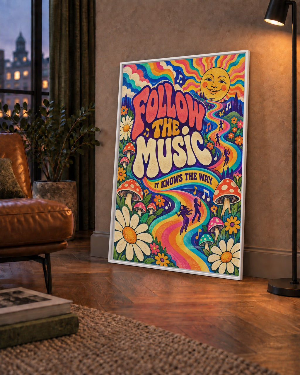 Psikedelik Müzik ve Doğa Temalı Renkli Poster – Dijital İllüstrasyon — çerçeveli hâliyle bir ev duvarında