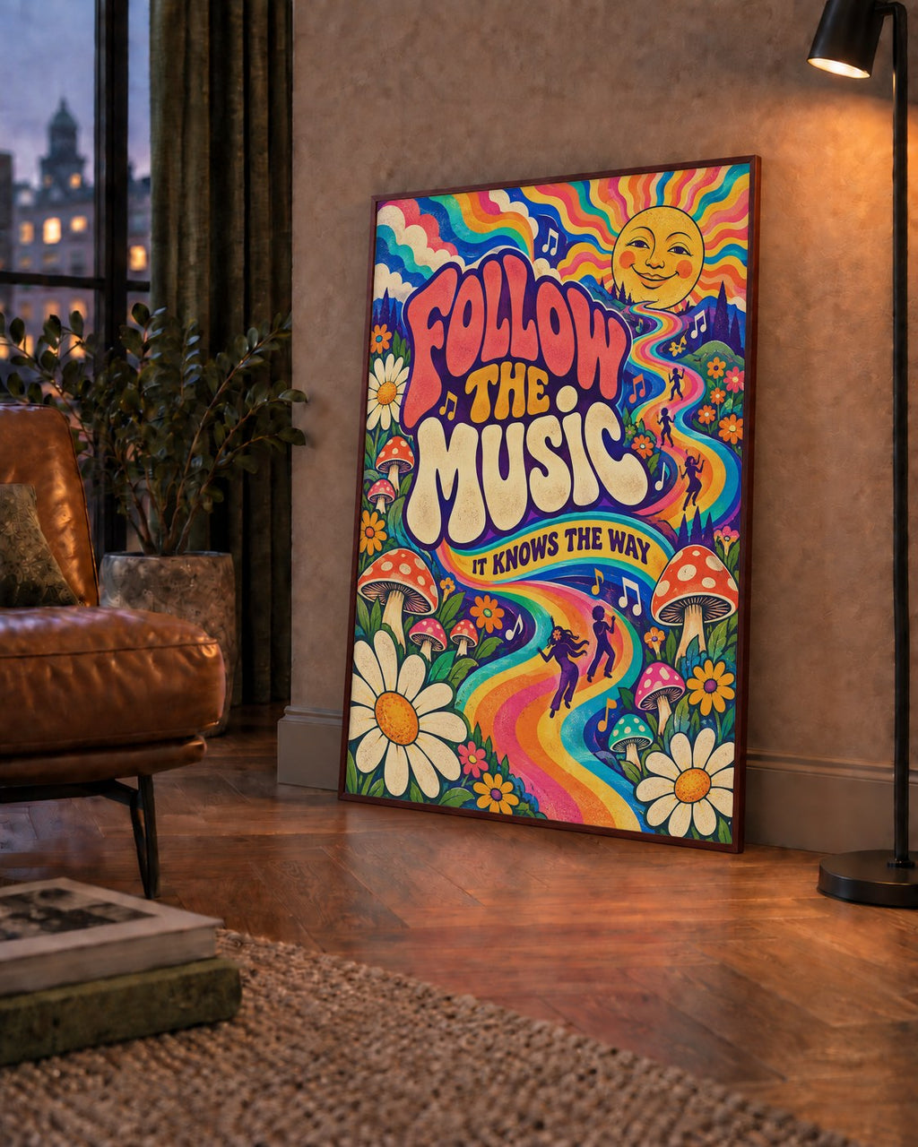 Psikedelik Müzik ve Doğa Temalı Renkli Poster – Dijital İllüstrasyon — çerçeveli hâliyle bir ev duvarında